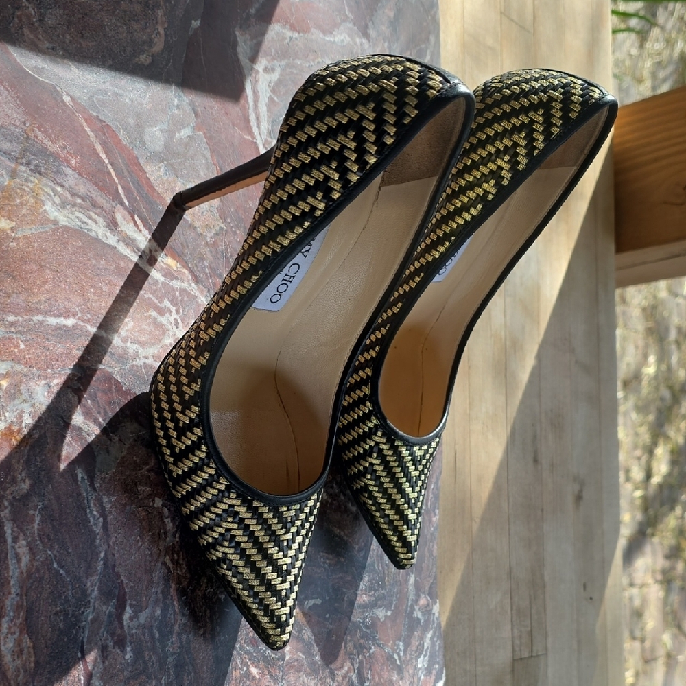 Jimmy Choo Black and Gold Woven Heels